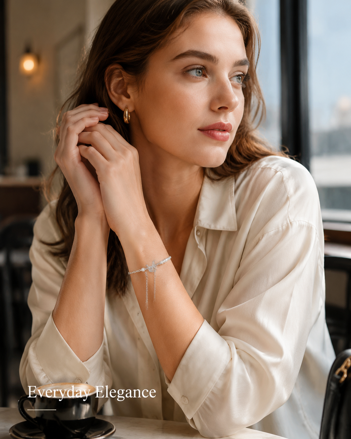 Copper Pearl Butterfly Tassel Bracelet Asymmetrical Layered Bracelet for Women, Light Luxury Jewellery, 22008# Pearl Butterfly Design - Wearing reference