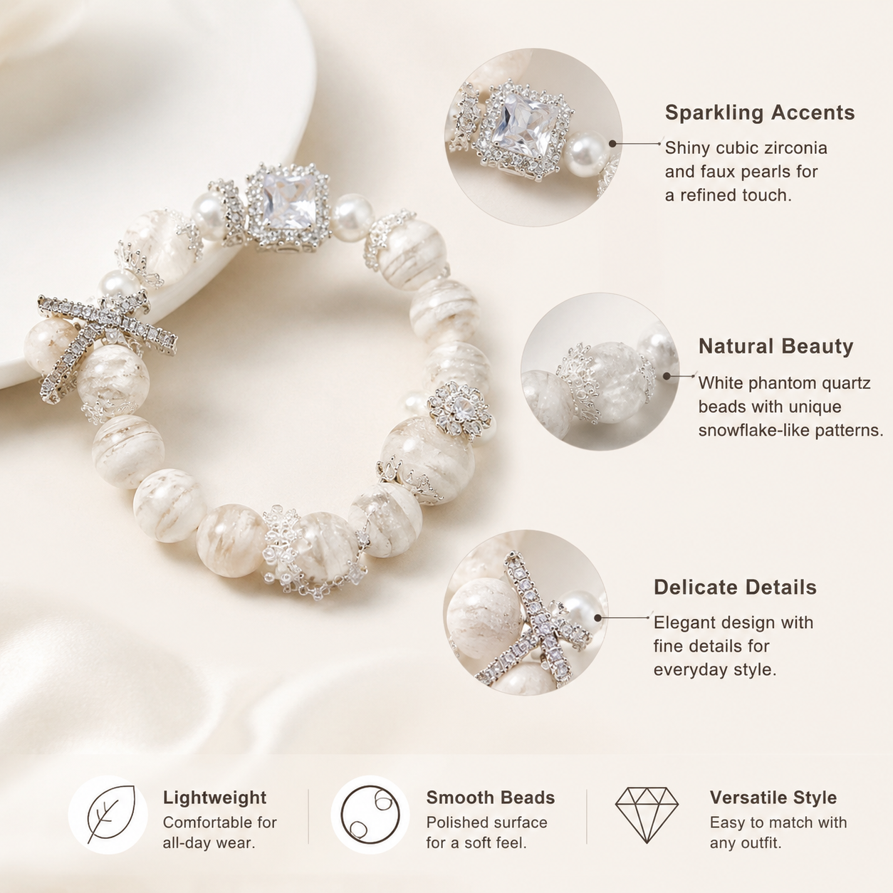 Snowflake Ghost White Crystal Bracelet for Women, Elegant Beaded Stretch Bracelet, Fresh Sweet Style, Daily Wear Jewellery, Handchain 0209 - Close-up finish