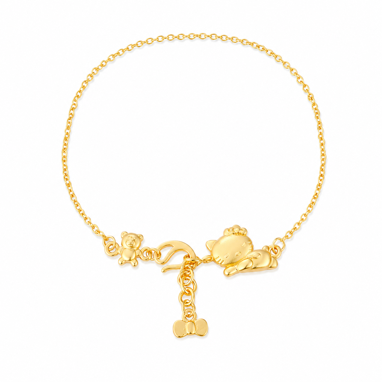 Gold-Tone Bow Cat Charm Bracelet for Women, Copper Delicate Bracelet, Everyday Fashion Jewellery, Cute Minimalist Wrist Accessory