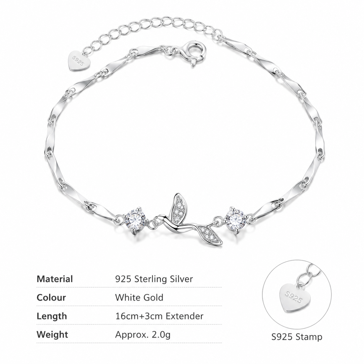 925 Sterling Silver Blue Gum and Bird Bracelet for Women, Platinum Colour Minimalist Fine Jewellery, Summer Everyday and Office Wear