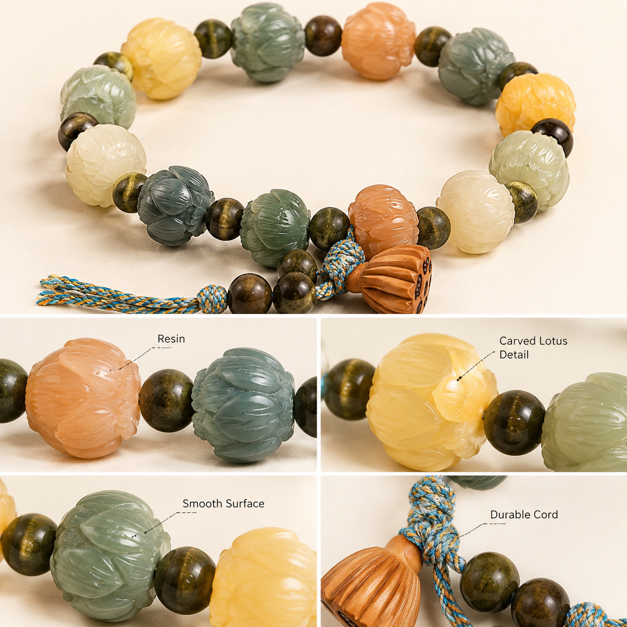 Lotus Bodhi Bead Bracelet for Women, Resin Beaded Bangle, Vintage Chinese Style Lucky Charm Wrist Bracelet, Minimalist Everyday Jewellery, 1 Piece - Material detail