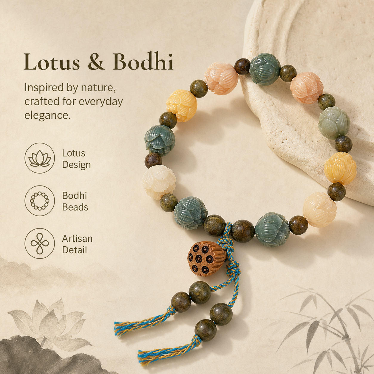 Lotus Bodhi Bead Bracelet for Women, Resin Beaded Bangle, Vintage Chinese Style Lucky Charm Wrist Bracelet, Minimalist Everyday Jewellery, 1 Piece - Close-up finish