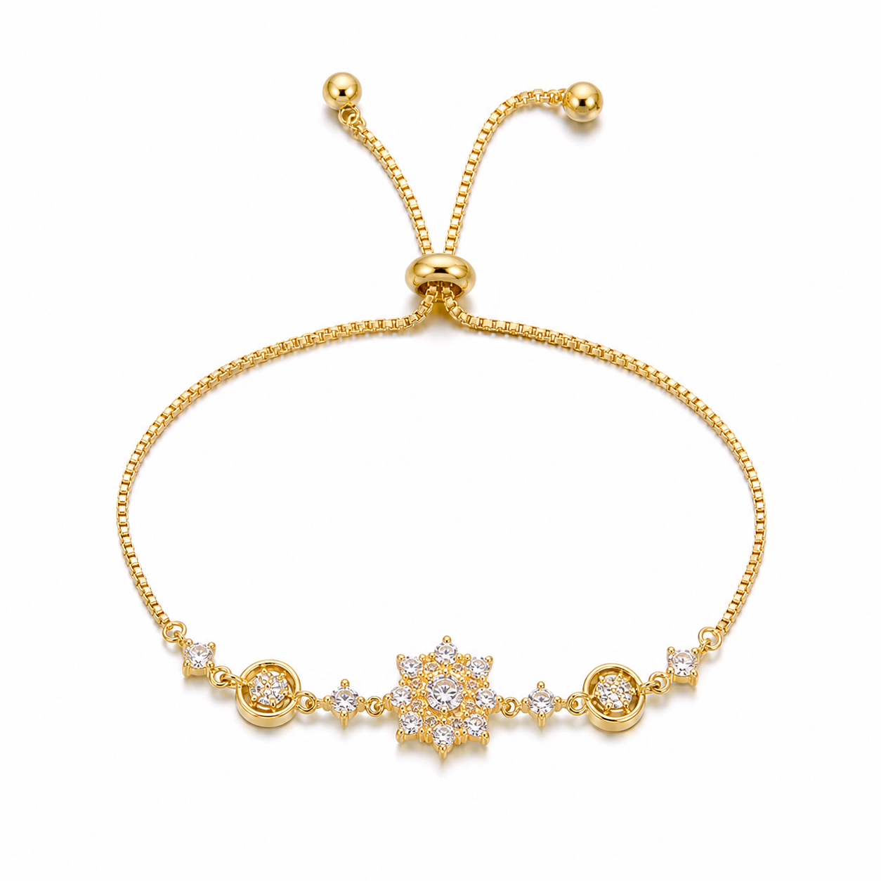 Women’s Flower Zircon Sliding Bracelet, Copper, Gold Tone or Silver Tone with Thick Gold Plating, Elegant Adjustable Bangle for Daily Wear and Gift