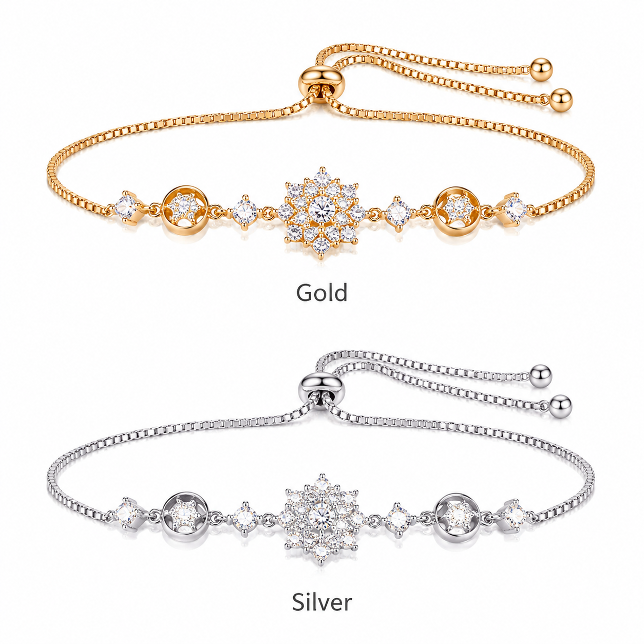 Women’s Flower Zircon Sliding Bracelet, Copper, Gold Tone or Silver Tone with Thick Gold Plating, Elegant Adjustable Bangle for Daily Wear and Gift - Style option