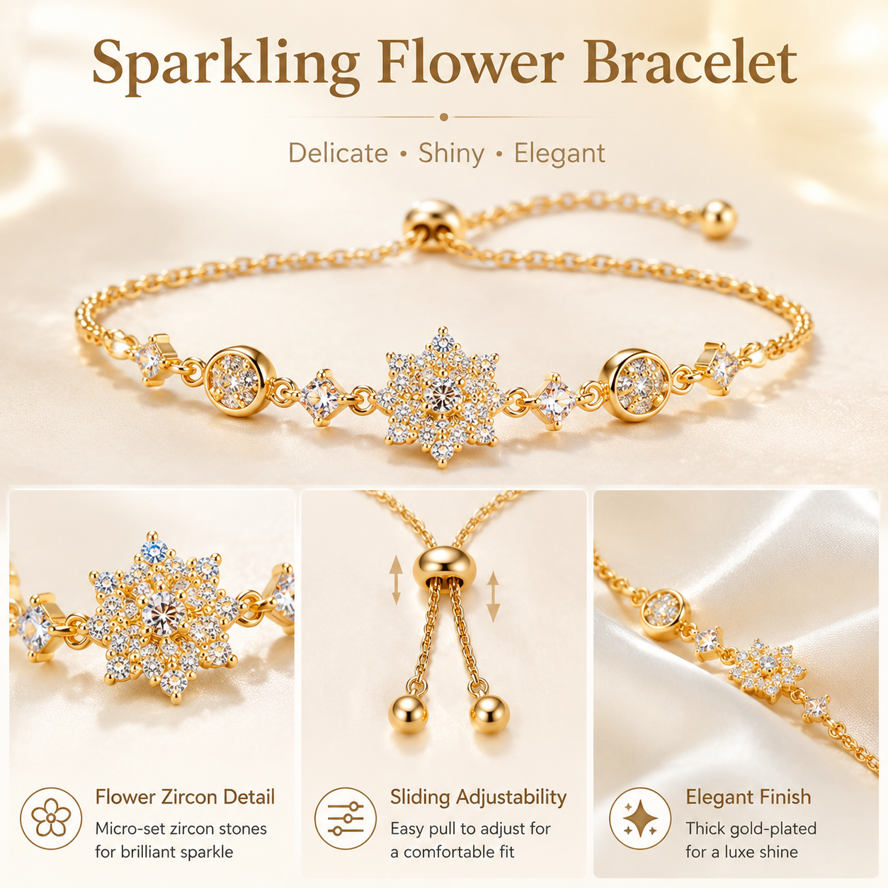 Women’s Flower Zircon Sliding Bracelet, Copper, Gold Tone or Silver Tone with Thick Gold Plating, Elegant Adjustable Bangle for Daily Wear and Gift - Close-up finish