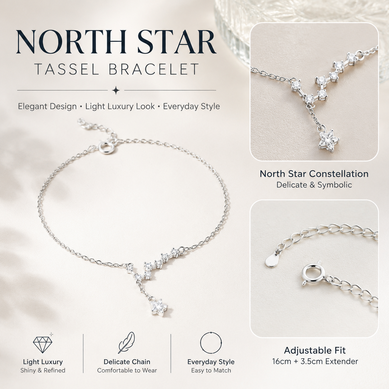 Women’s Copper Star Tassel Bracelet, White Gold Tone, Delicate Fashion Jewellery for Work and Everyday Wear - Close-up finish