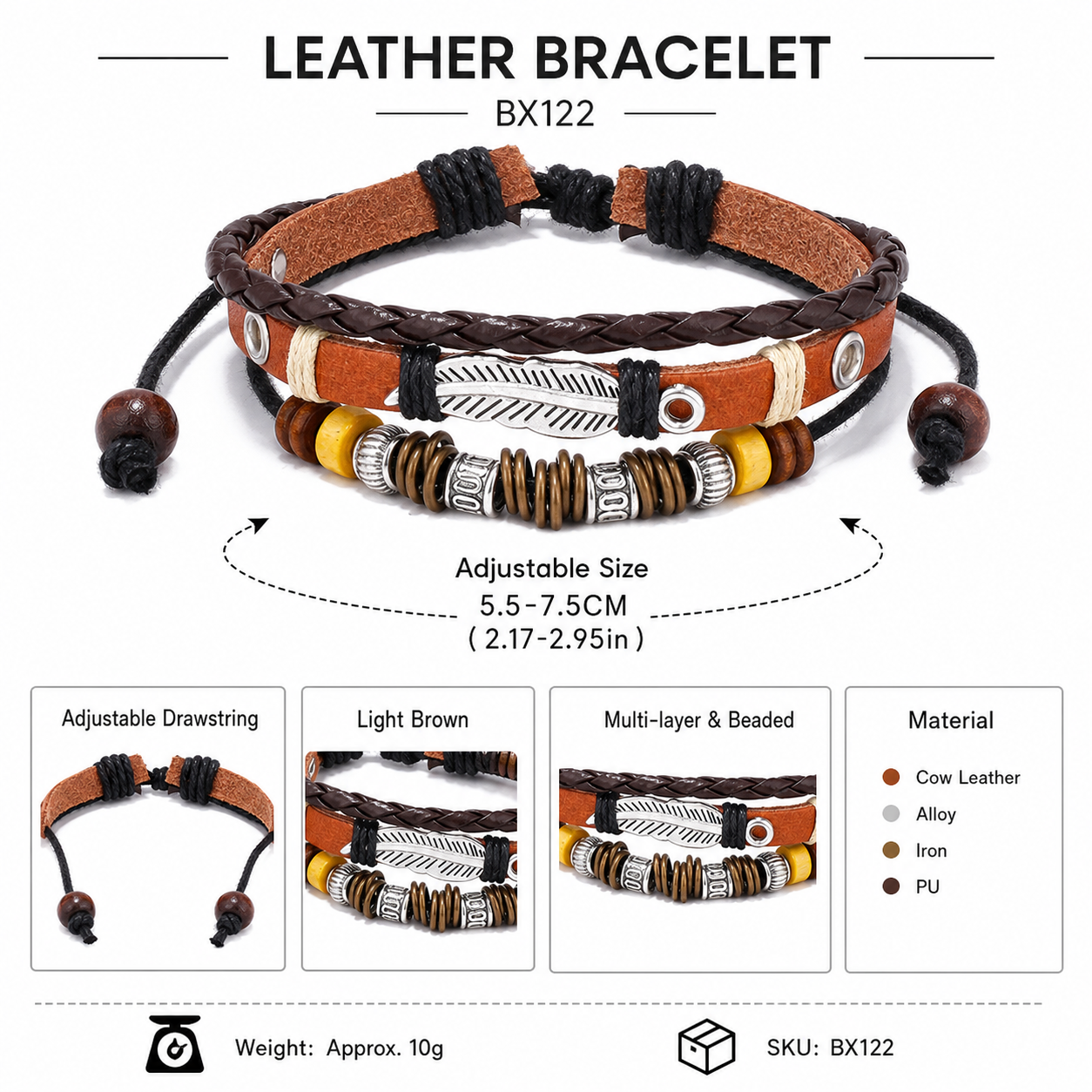 Punk Men’s Leather Bracelet, Light Brown Layered Beaded Wrap Bracelet, Adjustable Cowhide Alloy Iron PU Wristband, Casual Commute Fashion, BX122
