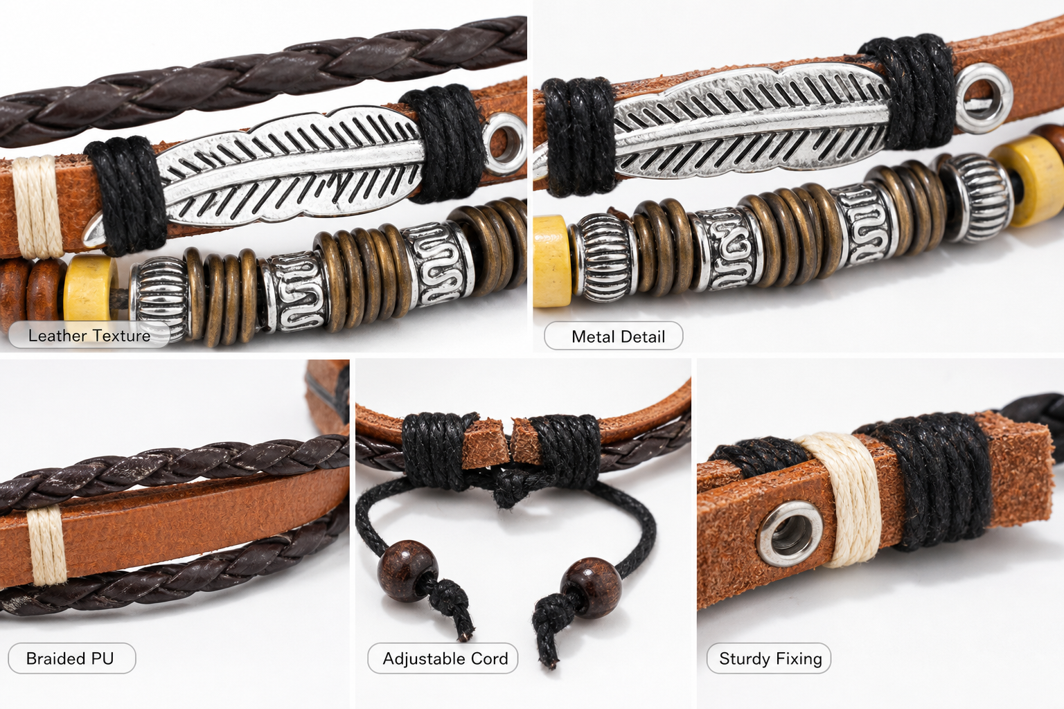 Punk Men’s Leather Bracelet, Light Brown Layered Beaded Wrap Bracelet, Adjustable Cowhide Alloy Iron PU Wristband, Casual Commute Fashion, BX122 - Style option