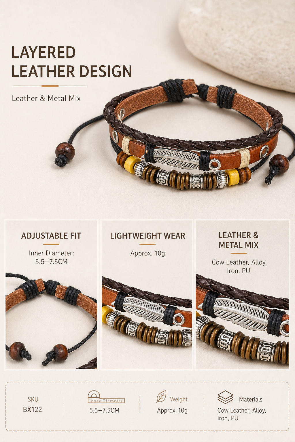 Punk Men’s Leather Bracelet, Light Brown Layered Beaded Wrap Bracelet, Adjustable Cowhide Alloy Iron PU Wristband, Casual Commute Fashion, BX122 - Material detail