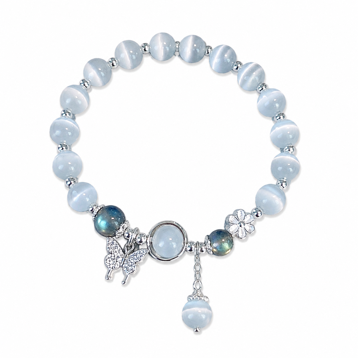 Women's Glass Bead Bracelet, White Bead Butterfly Charm, Fashion Charm Bracelet for Everyday Wear, Gift for Her - Style option