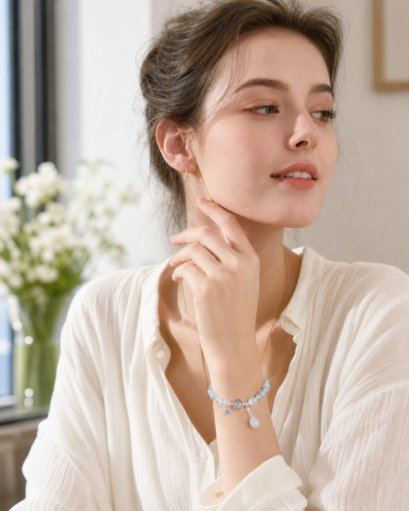 Women's Glass Bead Bracelet, White Bead Butterfly Charm, Fashion Charm Bracelet for Everyday Wear, Gift for Her - Wearing reference