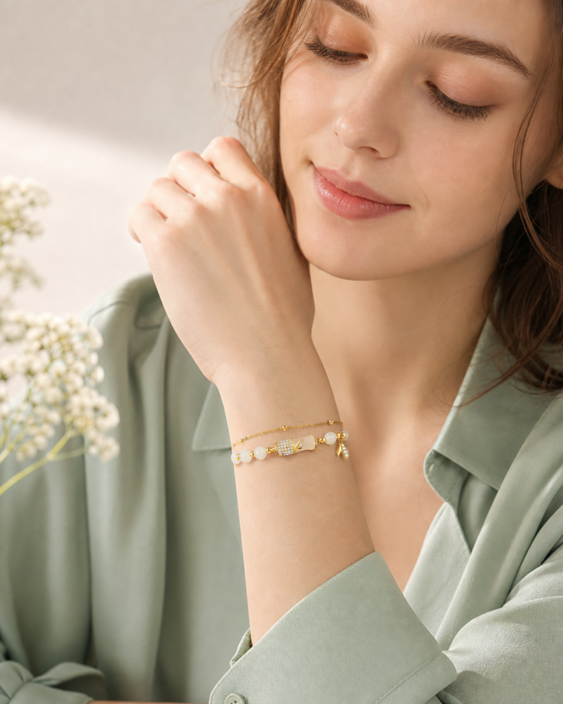 S925 Silver Hetian Jade Bamboo Double-Layer Bracelet, Yellow, Chinese Style Fashion Bracelet for Everyday Wear - Wearing reference