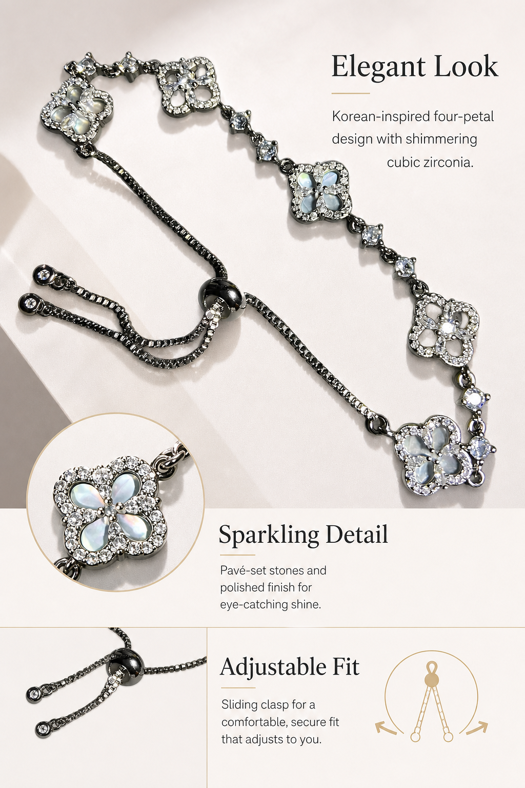Women's Four-Leaf Clover Rhinestone Bracelet, Alloy Adjustable Bracelet, Sparkling Floral Wrist Jewellery for Work and Daily Wear, Silver Tone - Style option