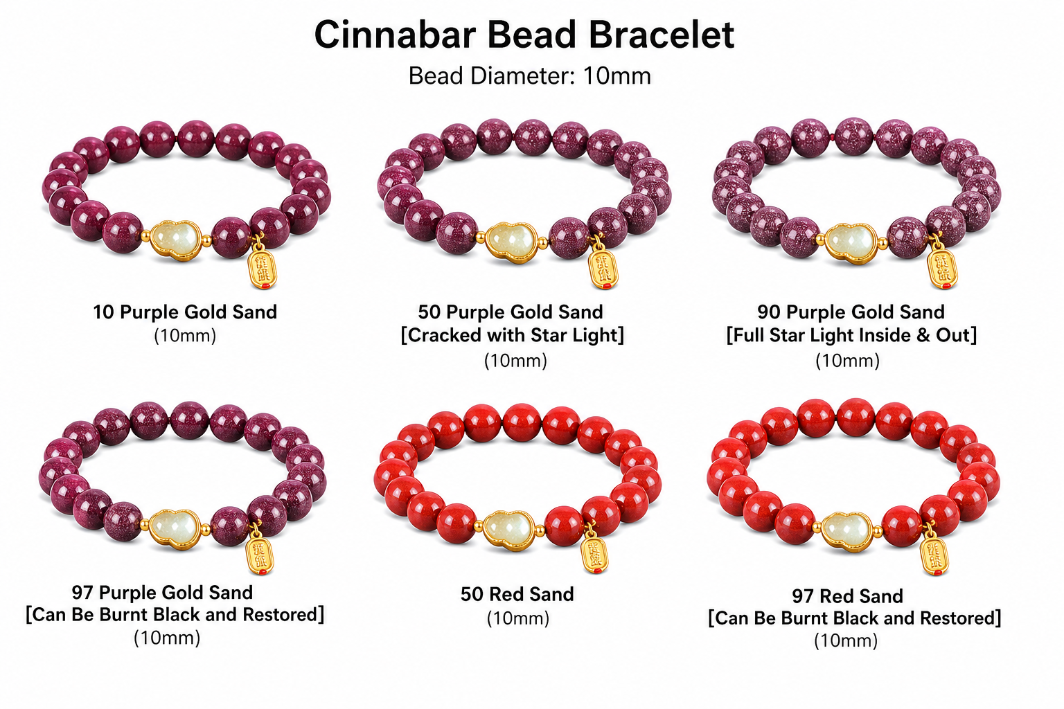 10mm Cinnabar Bead Bracelet, Natural Cinnabar Beads in Purple Gold Sand or Red Sand, Unisex Wrist Bracelet, Beaded Jewellery Gift - Style option