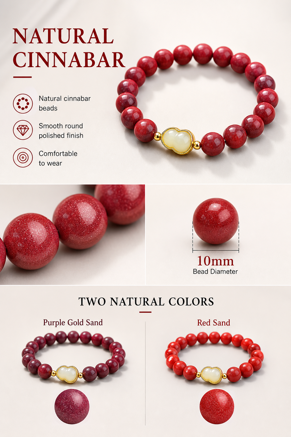 10mm Cinnabar Bead Bracelet bracelet detail image