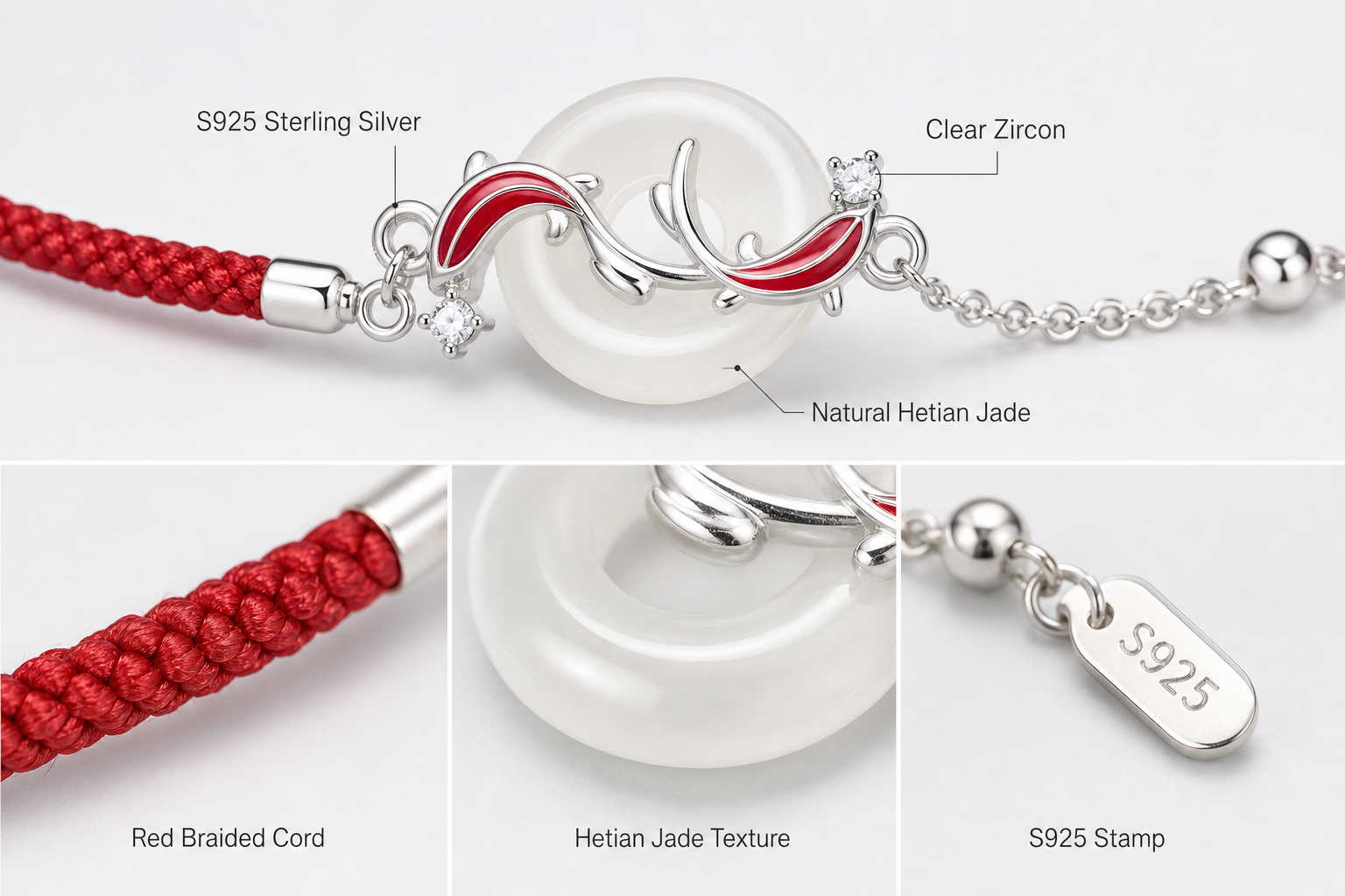 Silver Red String Bracelet with Hetian Jade Style Peace Buckle, S925 Sterling Silver Lucky Knot Wrist Bracelet for Women, Everyday Fashion Jewellery Gift - Style option