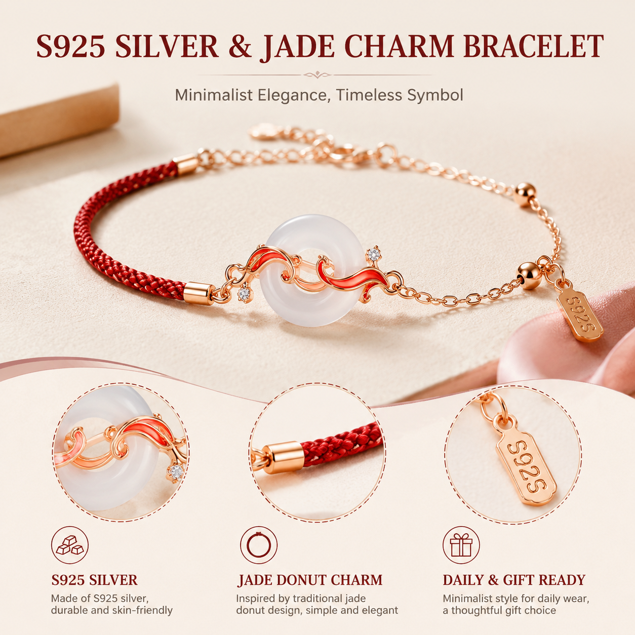 Silver Red String Bracelet with Hetian Jade Style Peace Buckle, S925 Sterling Silver Lucky Knot Wrist Bracelet for Women, Everyday Fashion Jewellery Gift - Material detail