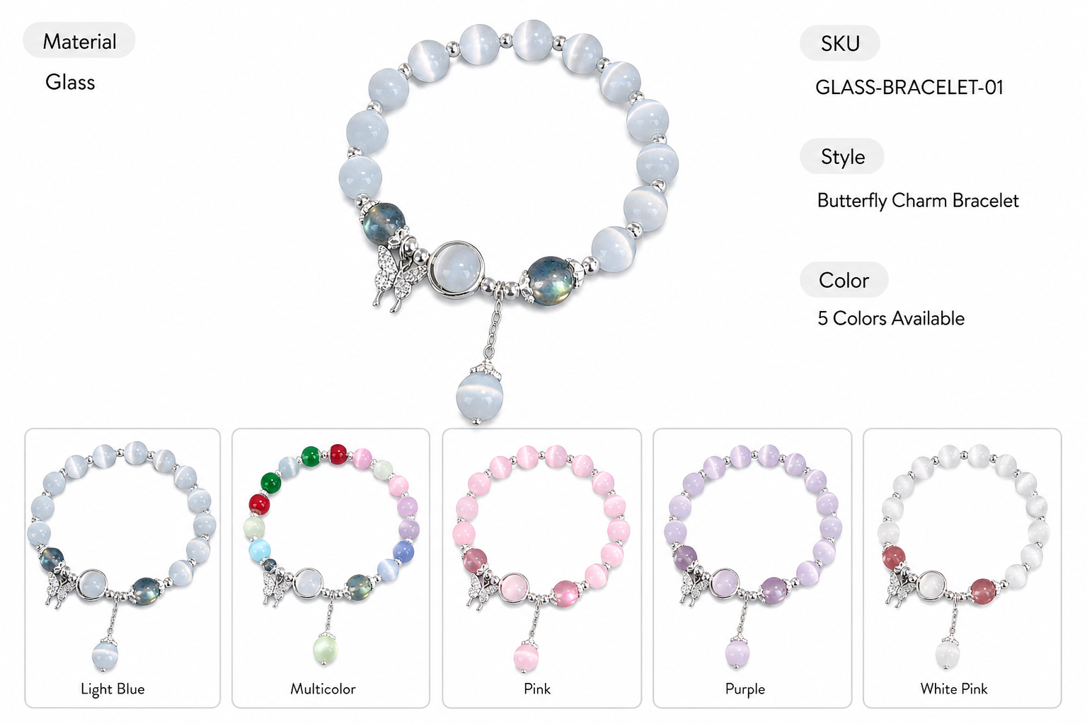 Glass Butterfly Cat Eye Style Bracelet for Women, Sweet Fresh Beaded Wrist Bracelet, Cute Gift for Friends and Students - Style option