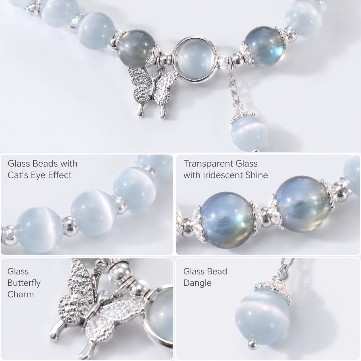 Glass Butterfly Cat Eye Style Bracelet for Women, Sweet Fresh Beaded Wrist Bracelet, Cute Gift for Friends and Students - Material detail