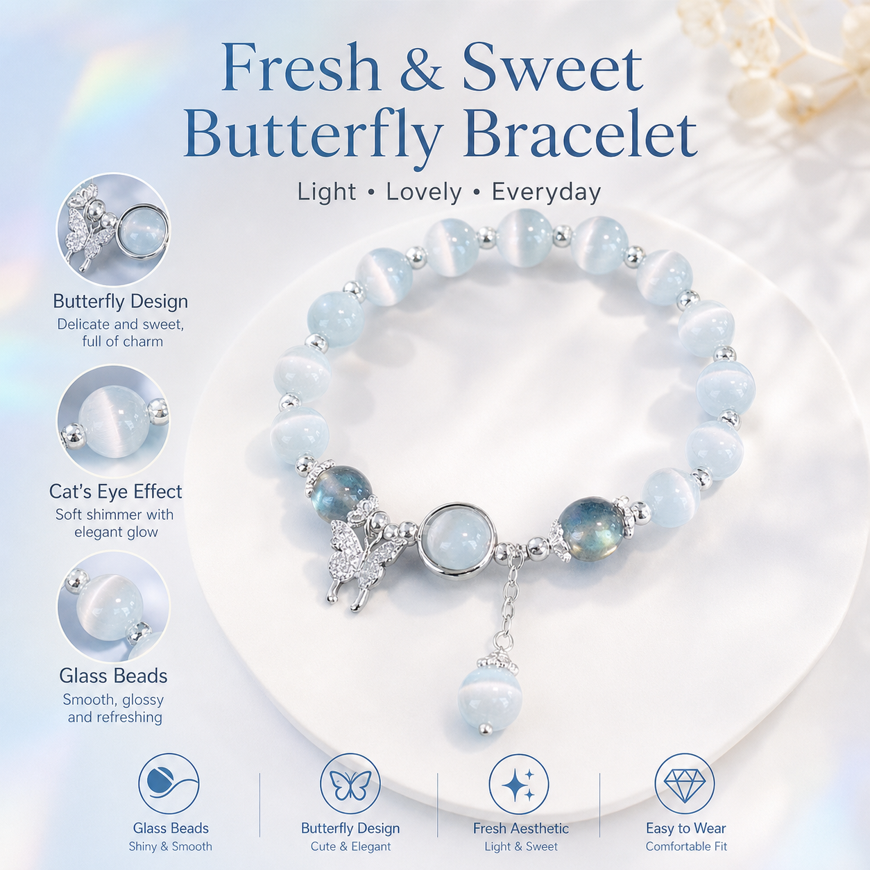 Glass Butterfly Cat Eye Style Bracelet for Women, Sweet Fresh Beaded Wrist Bracelet, Cute Gift for Friends and Students - Close-up finish