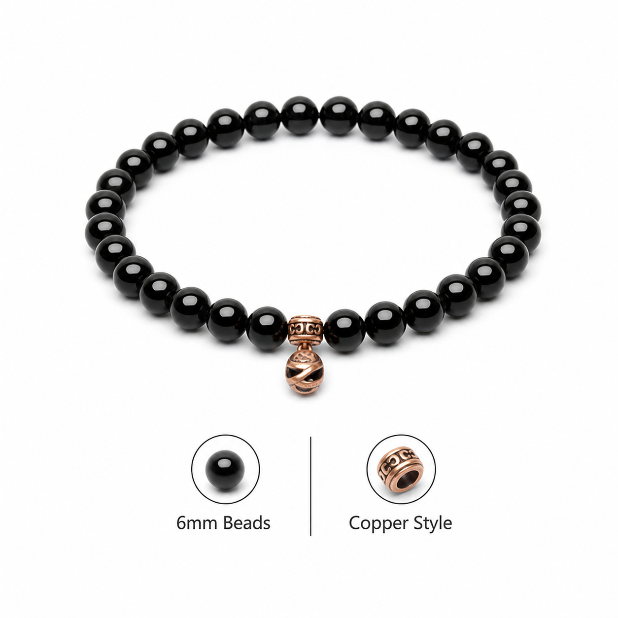 Natural Black Obsidian Bracelet, 6mm Bead Strand with Copper Accent, Women's Vintage Style Wrist Bracelet, Everyday Jewellery Gift - Style option