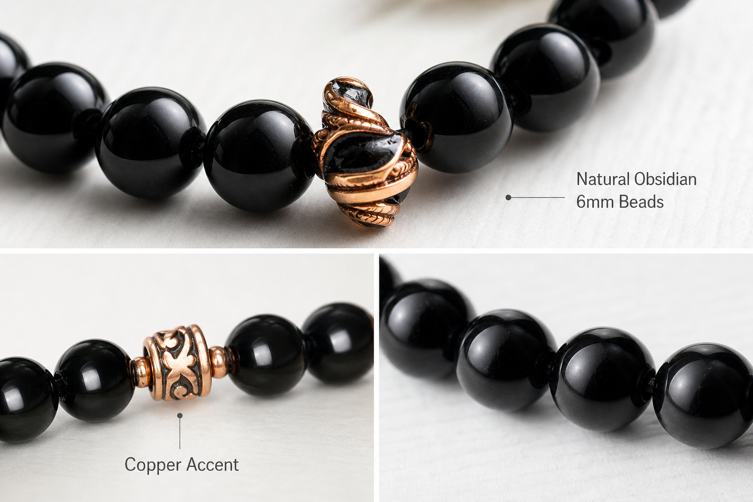 Natural Black Obsidian Bracelet, 6mm Bead Strand with Copper Accent, Women's Vintage Style Wrist Bracelet, Everyday Jewellery Gift - Material detail