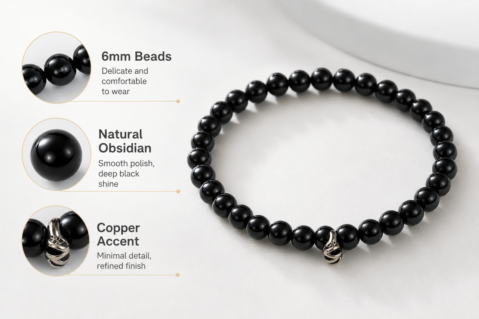 Natural Black Obsidian Bracelet, 6mm Bead Strand with Copper Accent, Women's Vintage Style Wrist Bracelet, Everyday Jewellery Gift - Close-up finish