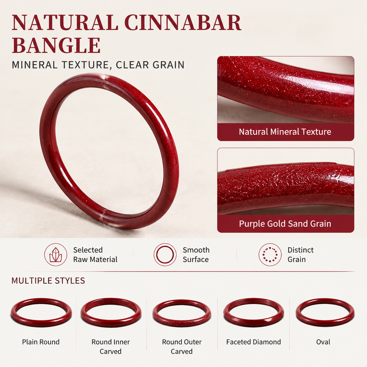 Natural Cinnabar Bracelet, Purple Gold Sand Round Bangle for Women, Smooth Style, Traditional Red Brown Beaded Texture, Daily Wear and Gift Idea - Close-up finish