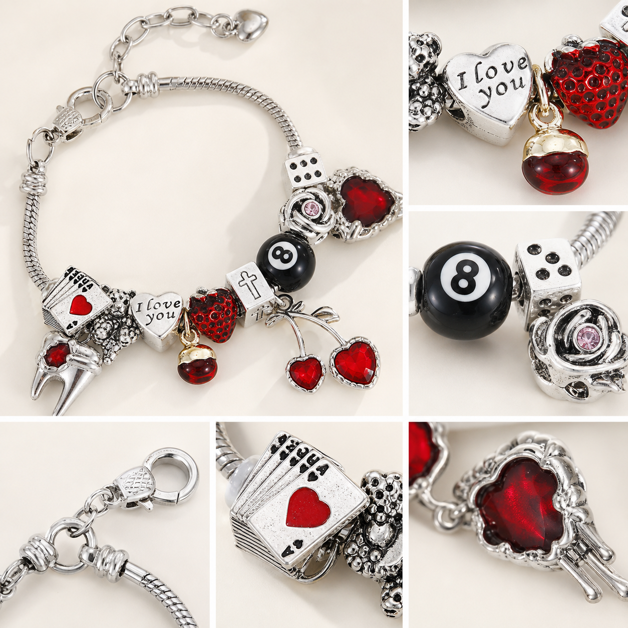 Fashion Zinc Alloy Beaded Bracelet with Heart Charm, Leopard Print Detail, Black Bracelet Jewellery, Everyday Accessory, Multi-Style SKU - Material detail