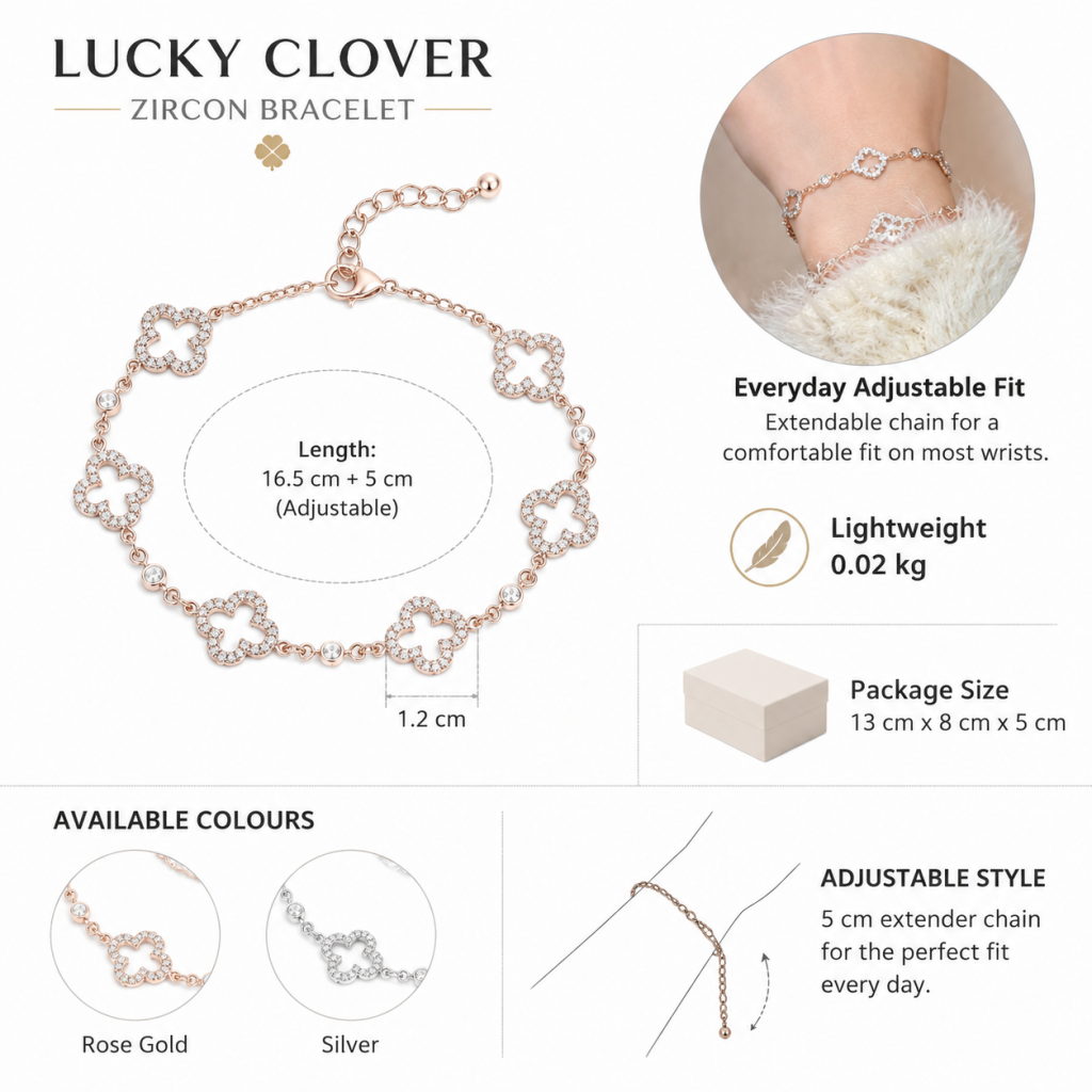 Women's Lucky Clover Zircon Bracelet, Delicate Copper Floral Charm Bracelet, Pink White Green Gold Silver and Rose Gold Everyday Jewellery Gift - Main view