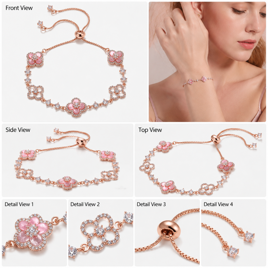 Women's Lucky Clover Zircon Bracelet, Delicate Copper Floral Charm Bracelet, Pink White Green Gold Silver and Rose Gold Everyday Jewellery Gift - Material detail