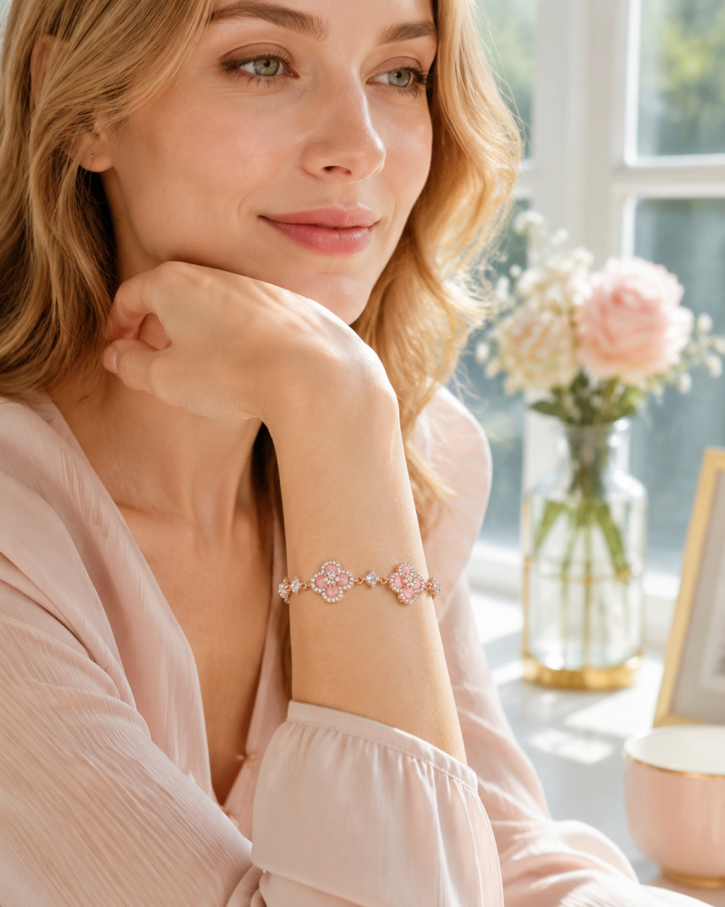 Women's Lucky Clover Zircon Bracelet, Delicate Copper Floral Charm Bracelet, Pink White Green Gold Silver and Rose Gold Everyday Jewellery Gift - Wearing reference