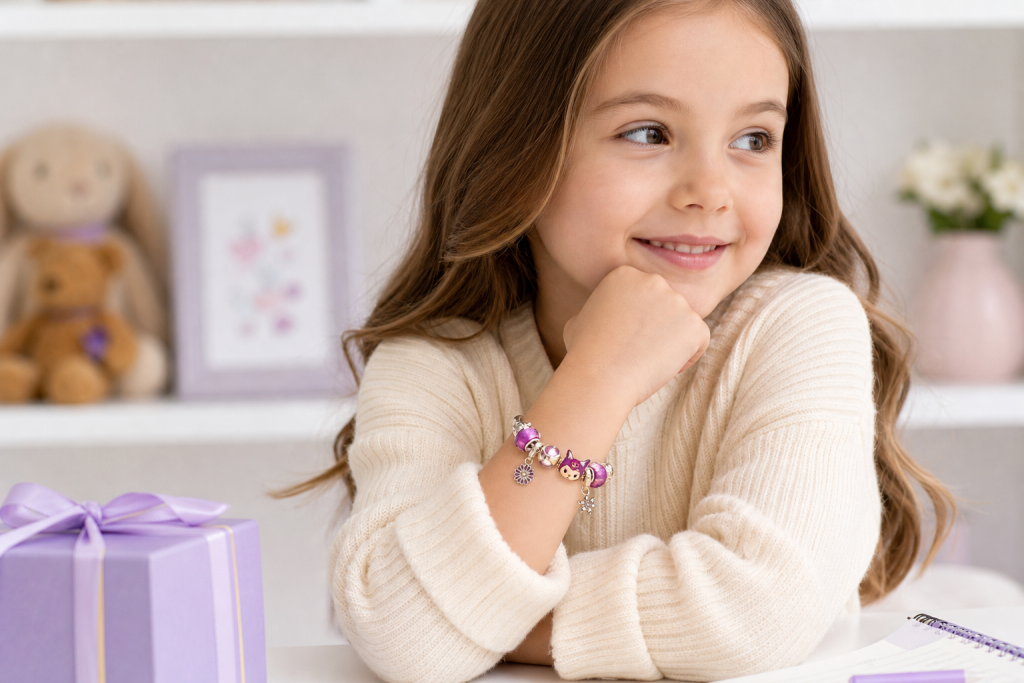 Ranyan Zinc Alloy Cartoon Bracelet for Kids, Cute Sanrio Style Charm Bangle, Black Kuromi, Melody, Cinnamoroll, Pompompurin and Pochacco Inspired, Fashion Everyday Jewellery - Wearing reference
