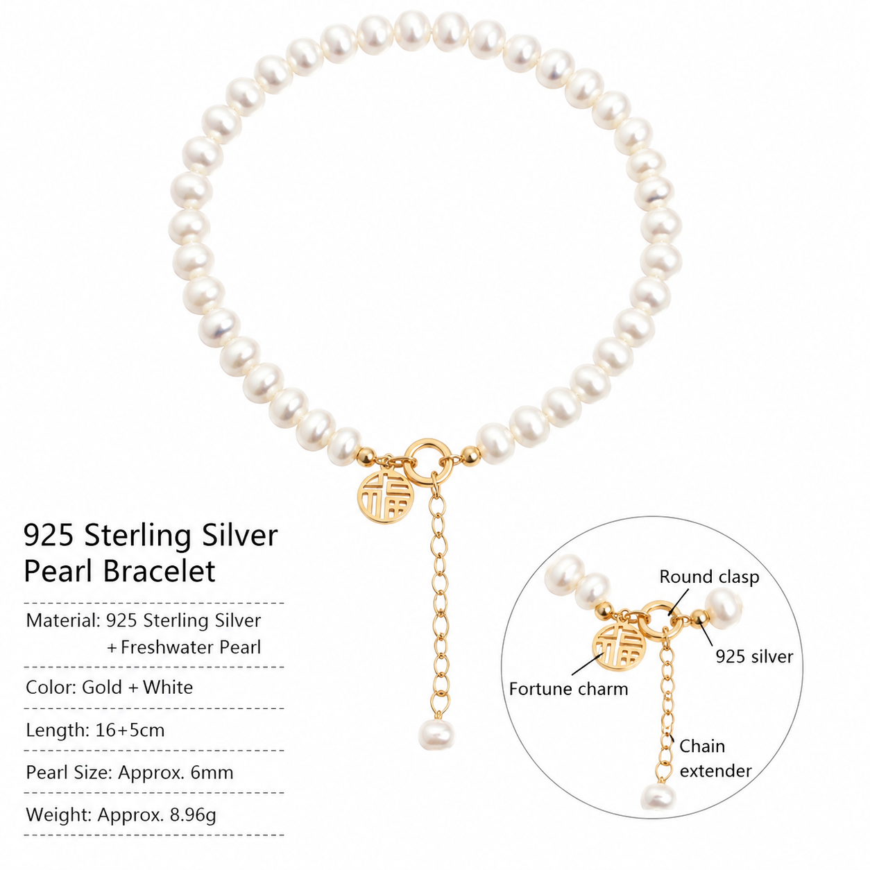 925 Sterling Silver Fu Character Pearl Bracelet bracelet detail image