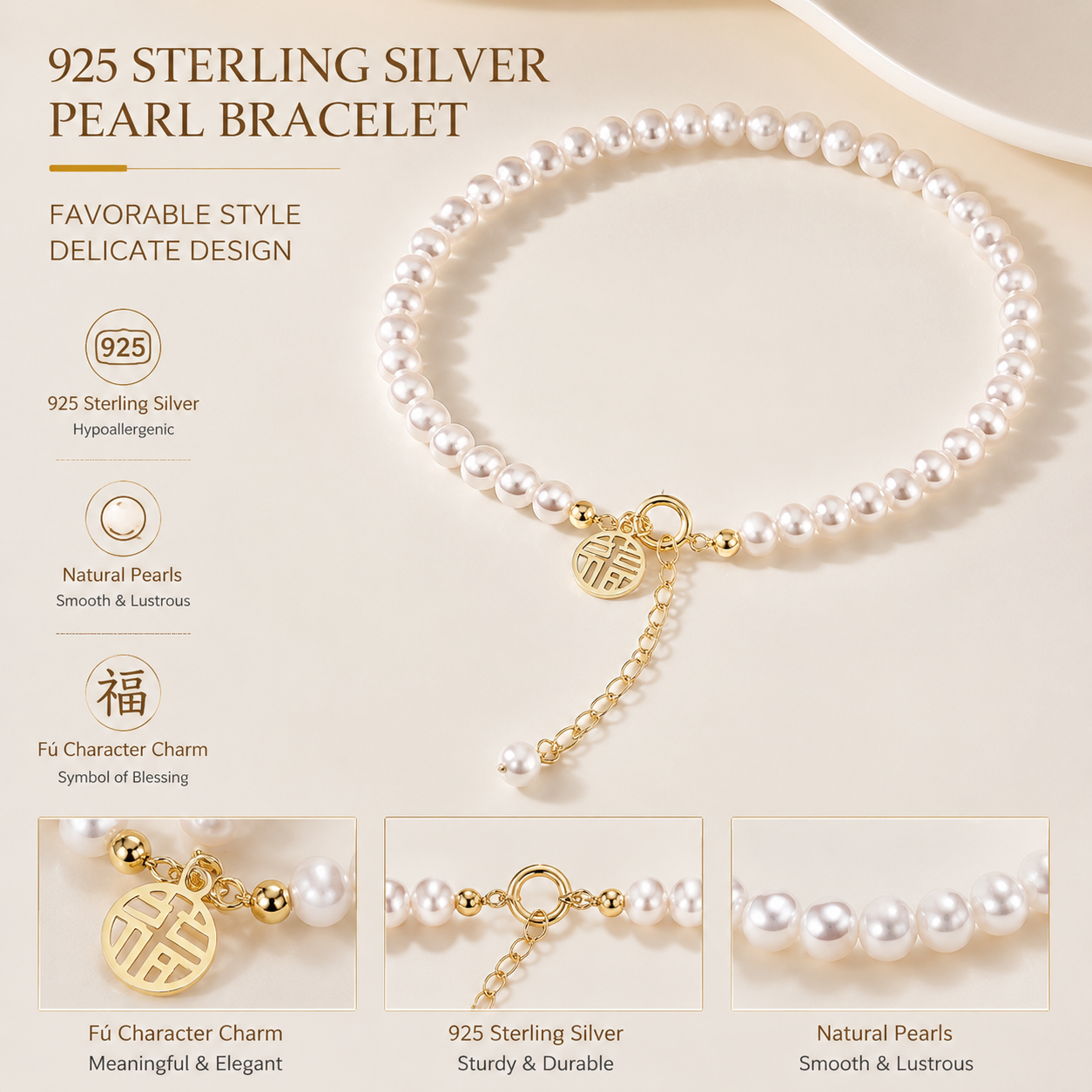 925 Sterling Silver Fu Character Pearl Bracelet bracelet detail image