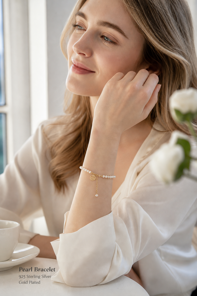 925 Sterling Silver Fu Character Pearl Bracelet, Gold Tone Round Pearl Charm Bracelet for Women, Delicate Beaded Jewellery for Everyday Wear - Wearing reference