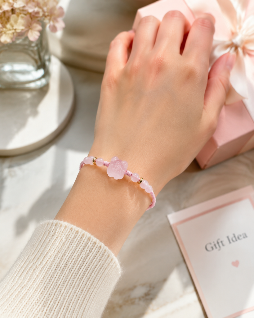 Natural Crystal Beaded Bracelet, Braided Cord Peace Buckle Couple Bracelet, Pink, Blue, Red or Black Agate, Original Design, Adjustable Friendship Gift - Wearing reference