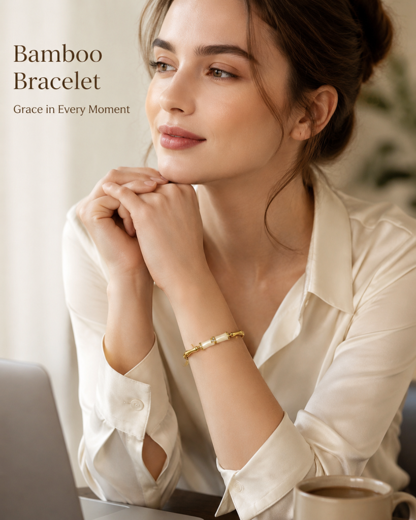 Copper Bamboo-Style Bangle Bracelet, Gold Tone or Silver White, Elegant Minimalist Chinese-Inspired Jewellery for Everyday Wear and Gift Giving - Wearing reference