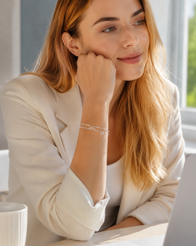 Silver-Tone Hollow Heart Double Layer Bracelet, Minimal Layered Charm Wristwear, Silver Plated Fashion Jewellery for Women, Daily Wear and Work - Wearing reference