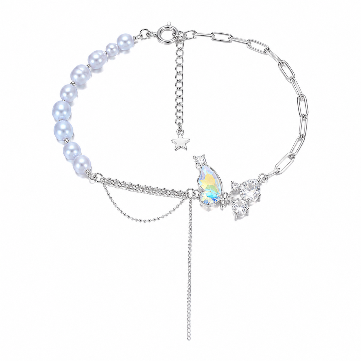 Copper Pearl Butterfly Tassel Bracelet Asymmetrical Layered Bracelet for Women, Light Luxury Jewellery, 22008# Pearl Butterfly Design - Style option
