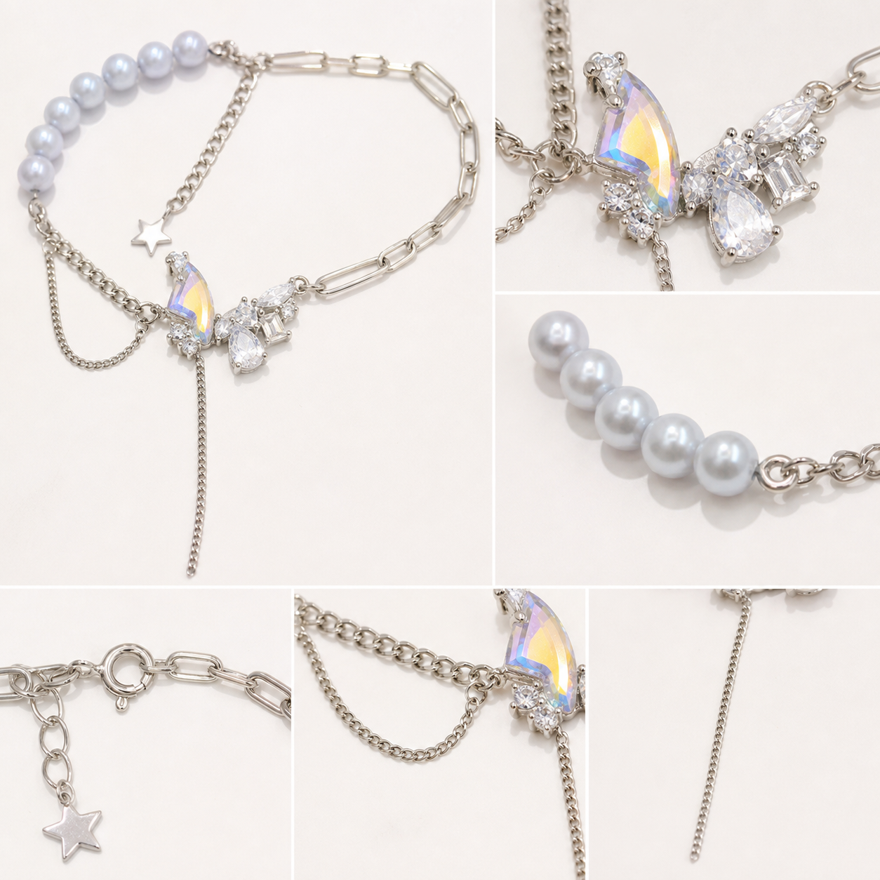 Copper Pearl Butterfly Tassel Bracelet Asymmetrical Layered Bracelet for Women, Light Luxury Jewellery, 22008# Pearl Butterfly Design - Material detail