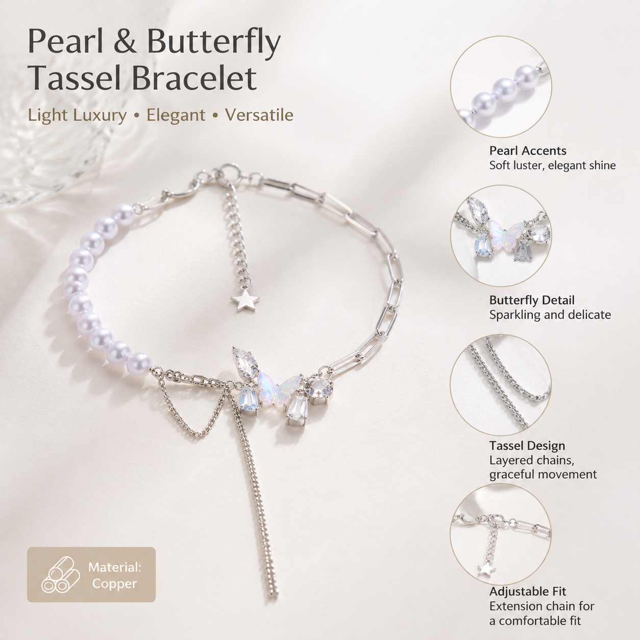 Copper Pearl Butterfly Tassel Bracelet Asymmetrical Layered Bracelet for Women, Light Luxury Jewellery, 22008# Pearl Butterfly Design - Close-up finish